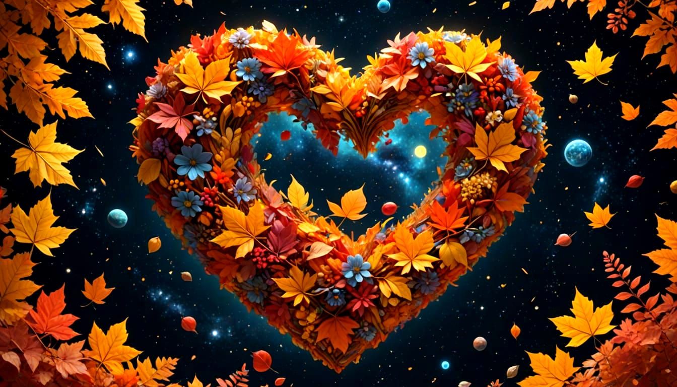 Heart of Autumn Leaves and Flowers in Space