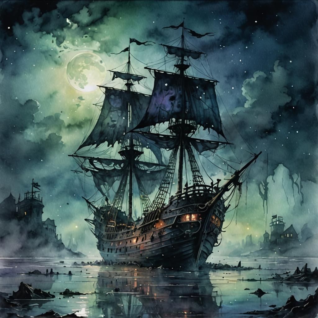 Ethereal Ghost Ship in Watercolor Landscape