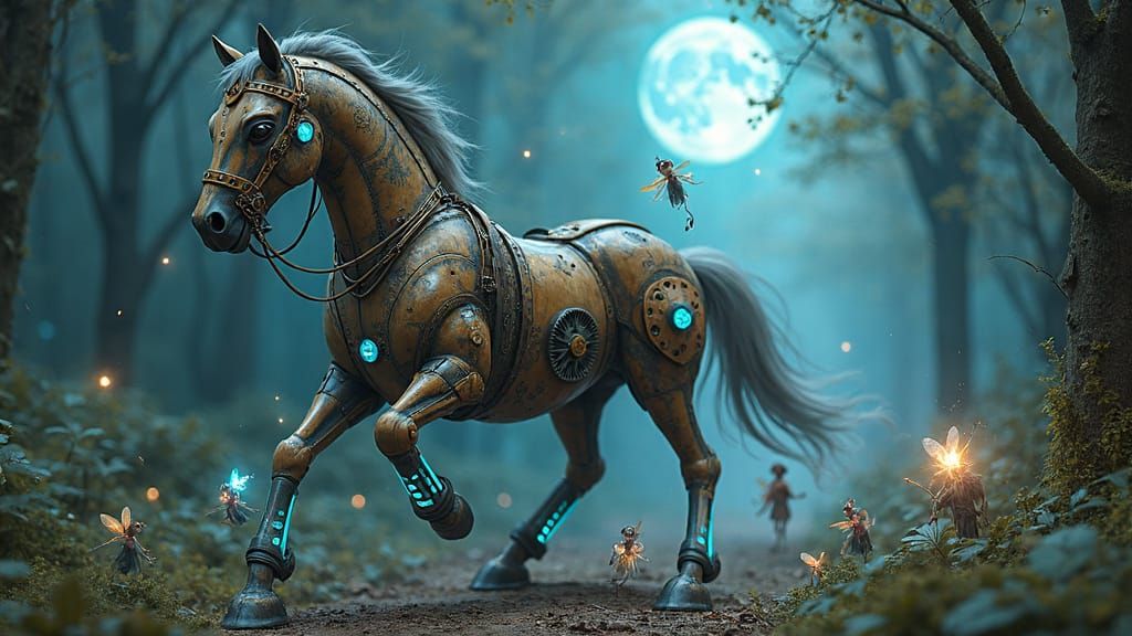 Steampunk Mechanical Horse in Enchanted Forest