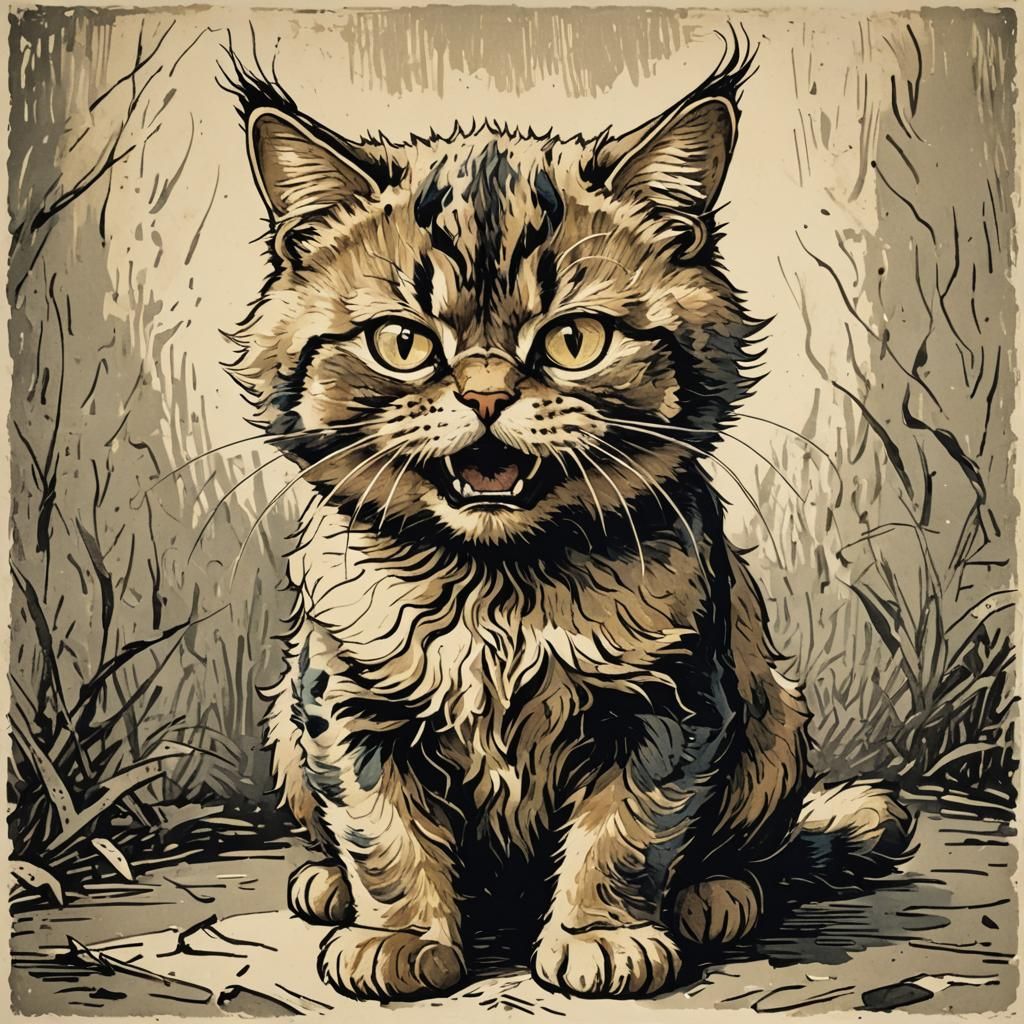 Funny Angry Cat in Van Gogh Lithography Style