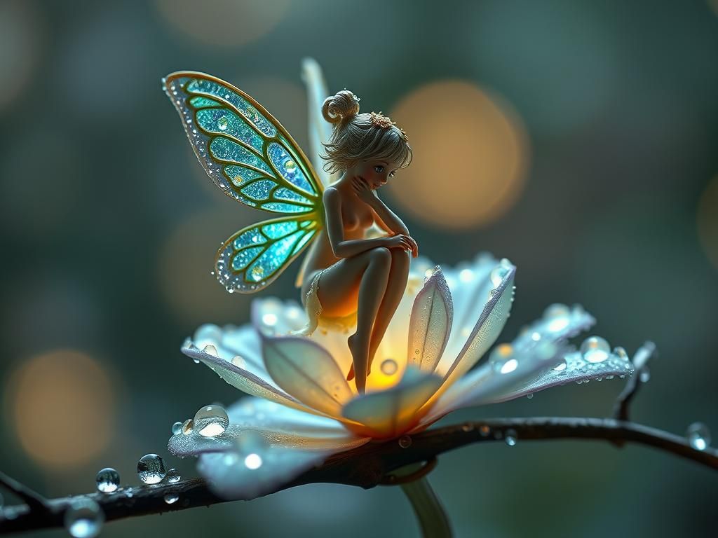 Iridescent Dew Fairy on Bioluminescent Flower