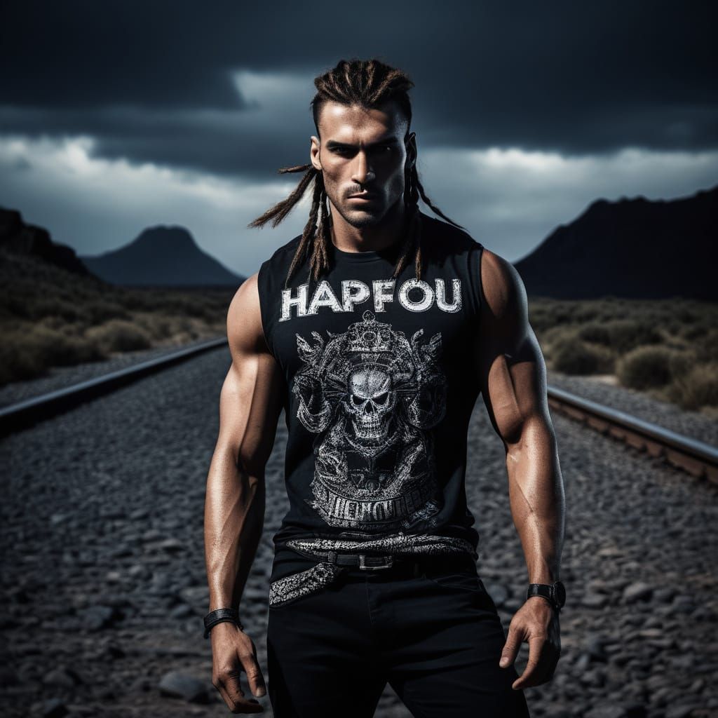 Handsome Model Strikes a Bold Pose on a Dark Rock'n'Roll Cat...