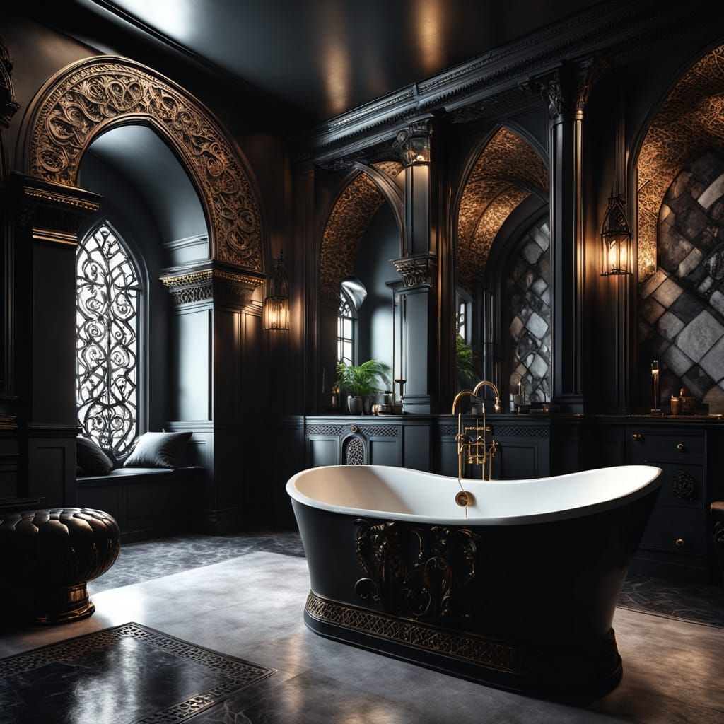 Gothic Modern Bathroom Interior with Stone Carvings