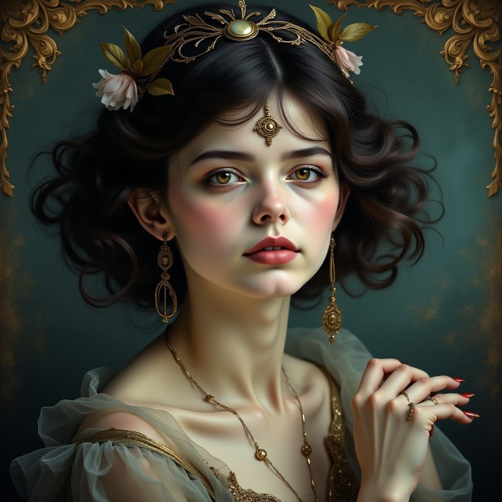 Ethereal Woman's Portrait in Dark Fantasy Art Nouveau Style