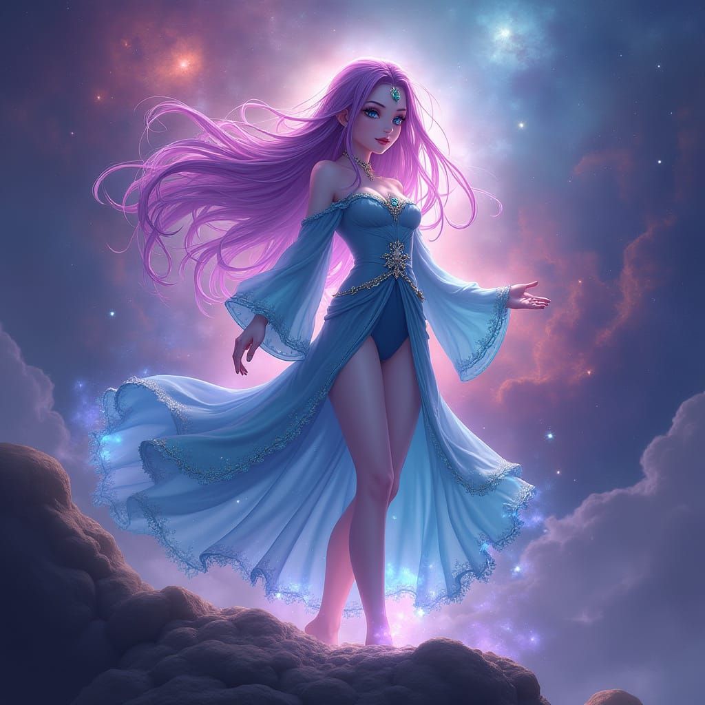 Celestial Goddess with Amethyst Hair in Anime Style