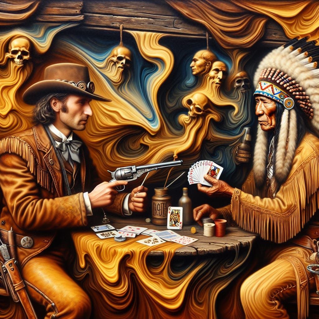 a cowboy and an  Apache Indian, playing cards in a wild west...