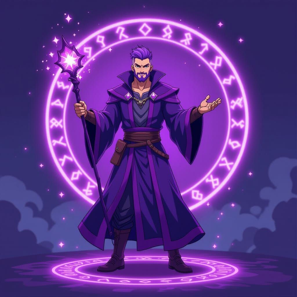 Purple-Haired Wizard Casting Magic in Anime Style
