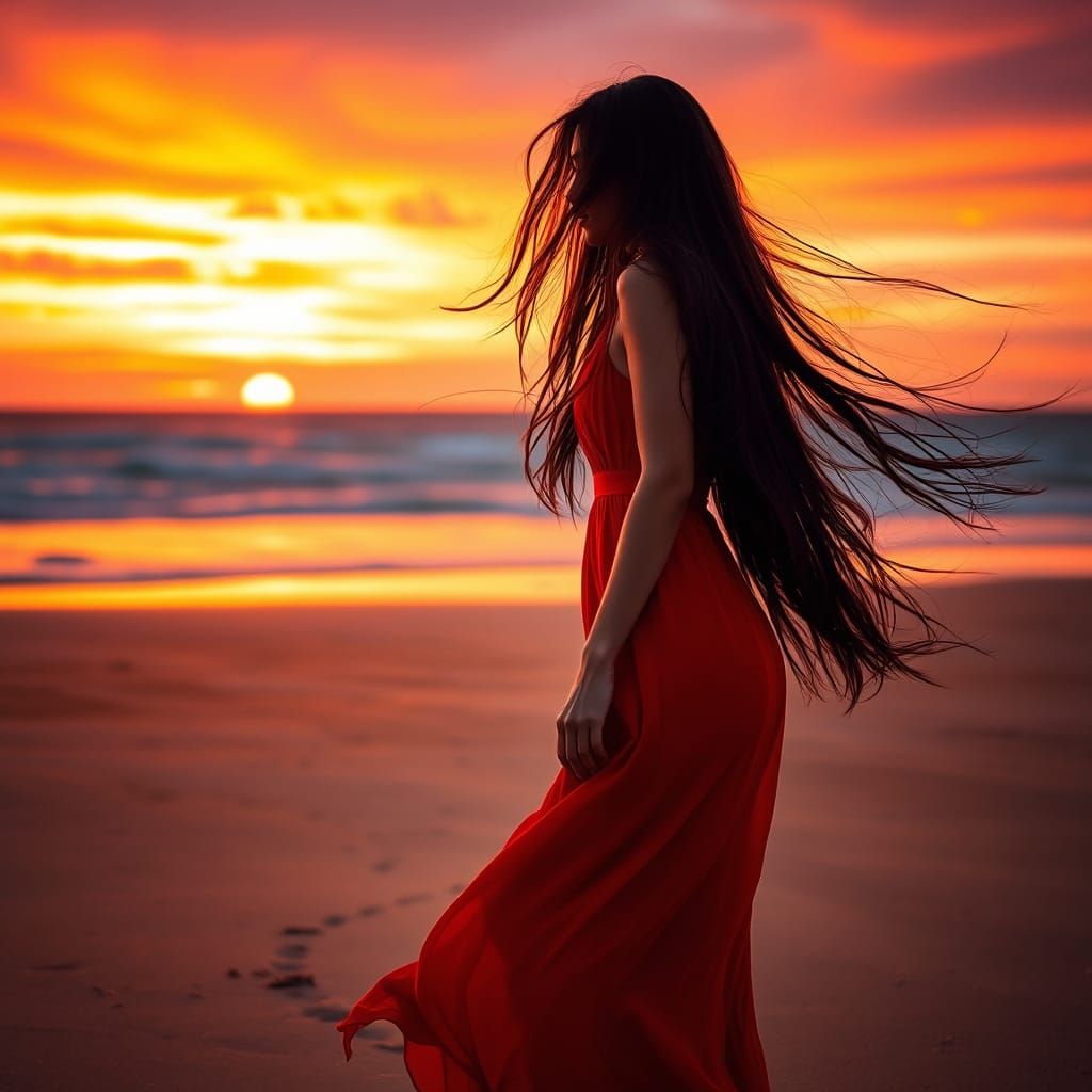 Serene Woman in Red Dress on Windswept Beach at Sunset
