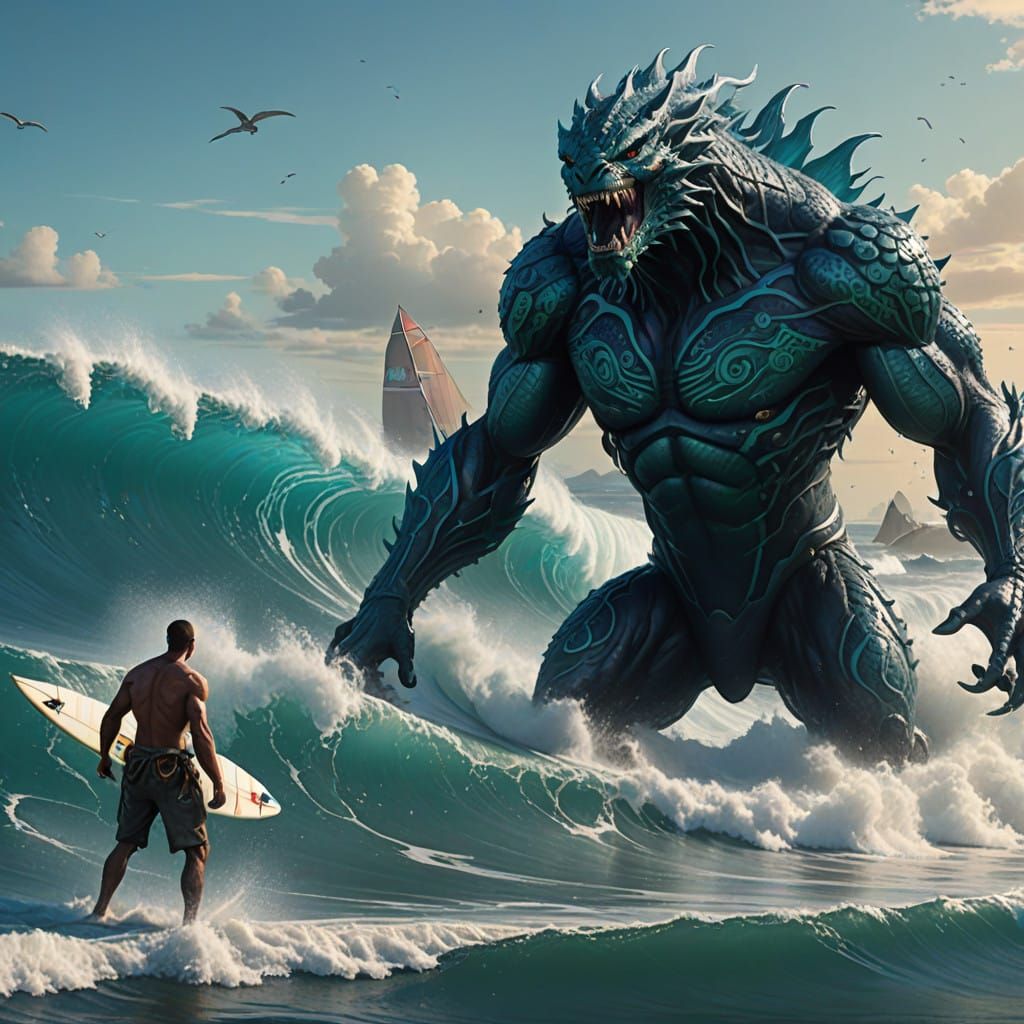 Muscled Surfers Battle Turquoise Sea Monster in Electrifying...