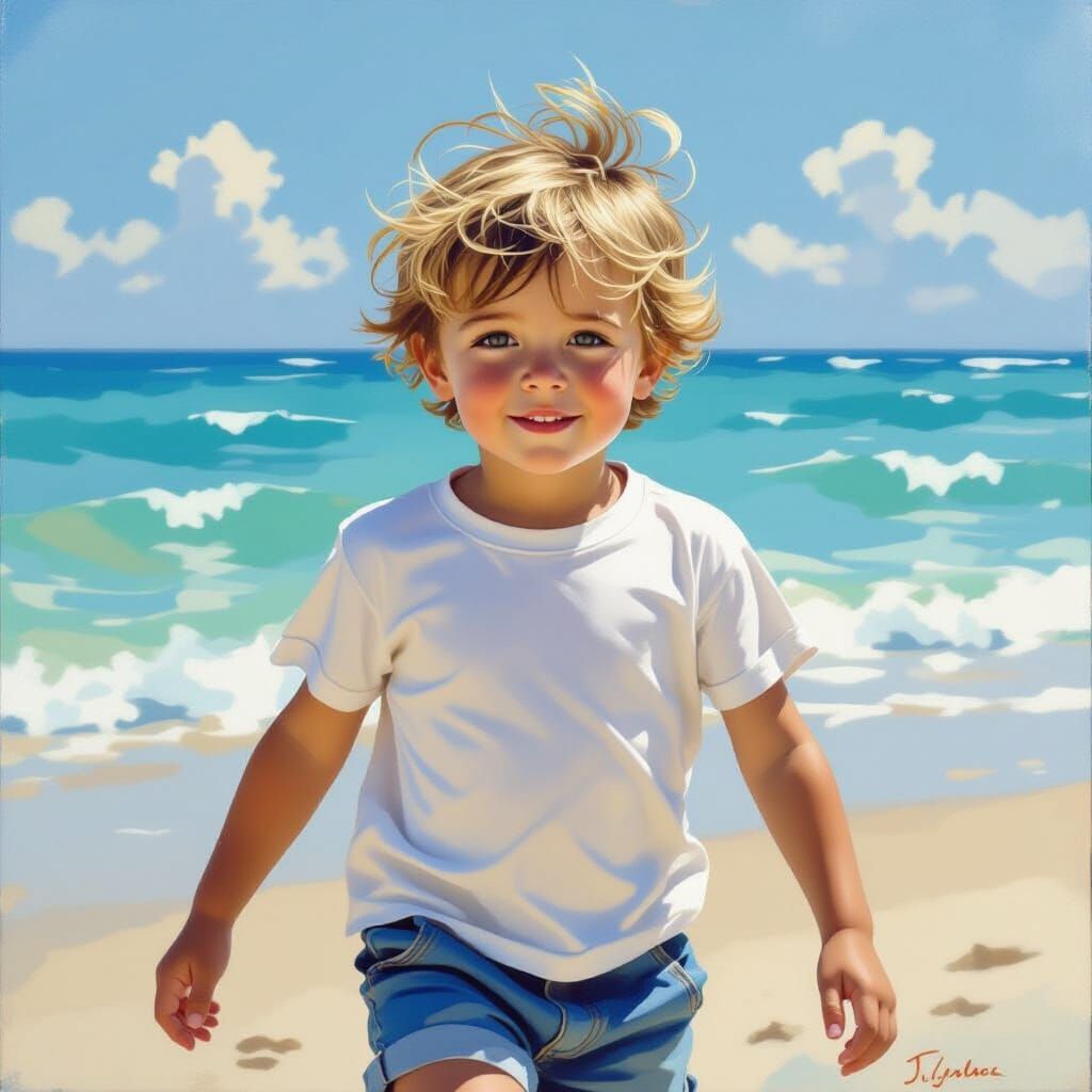 Boy at Beach with Windblown Hair