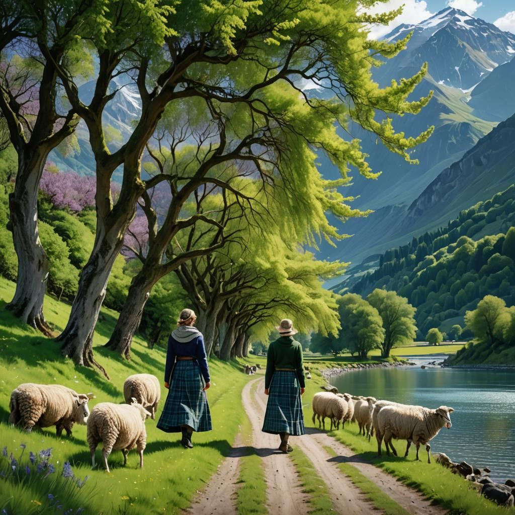 Scottish Highlands Scene with Wisteria Trees