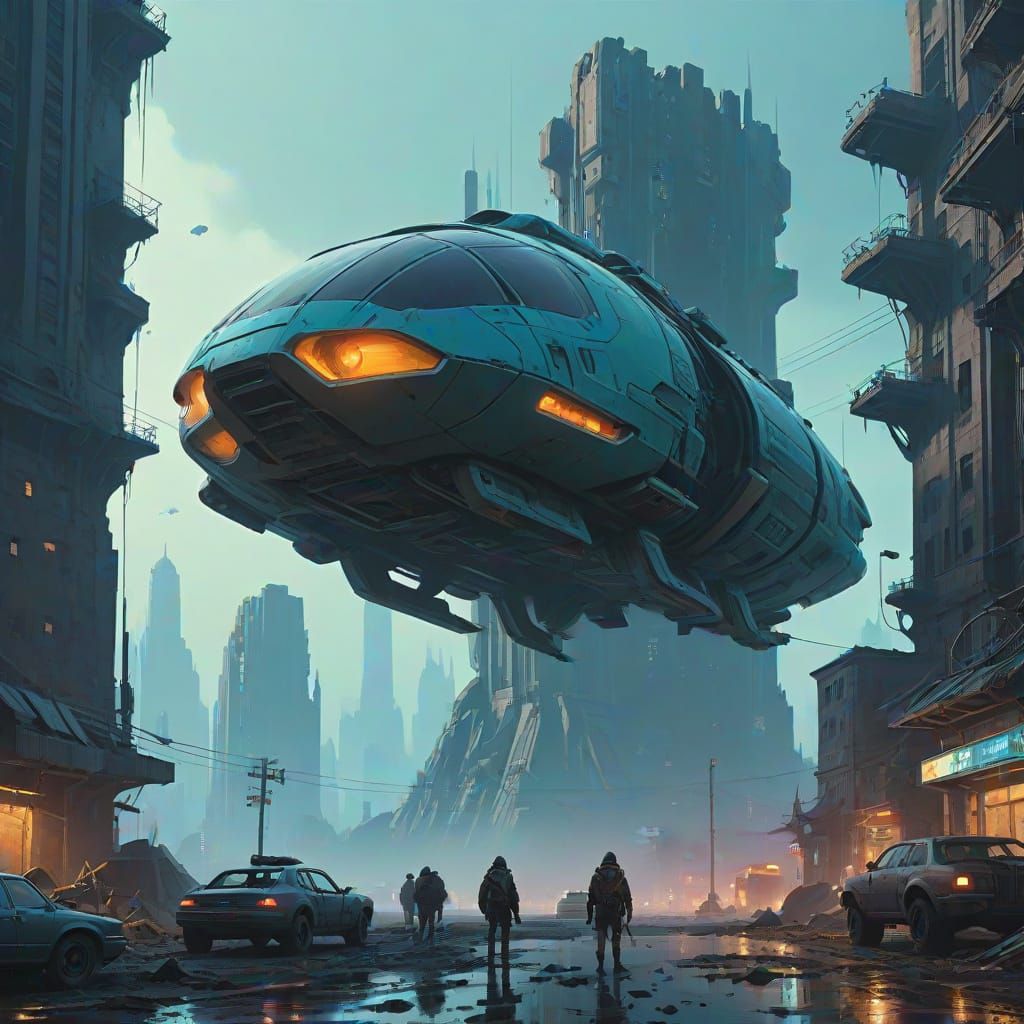 Futuristic Vehicle in Smog-Filled Post-Apocalyptic Cityscape