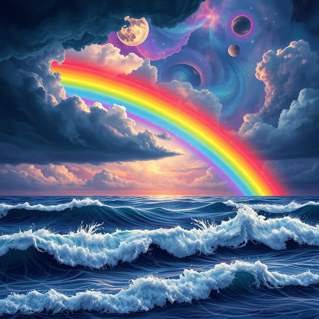 Vibrant Rainbow Bridge Amidst Cosmic Storm