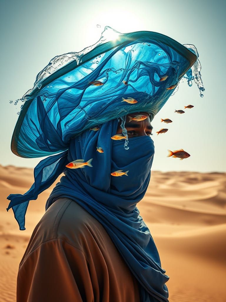 Tuareg Nomad in Surreal Seawater Hat with Swimming Fish