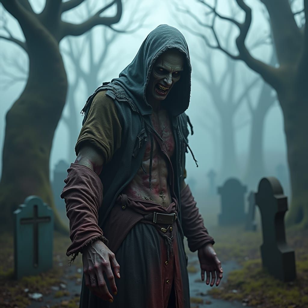 Eerie Halloween Zombie in Mist-Shrouded Graveyard