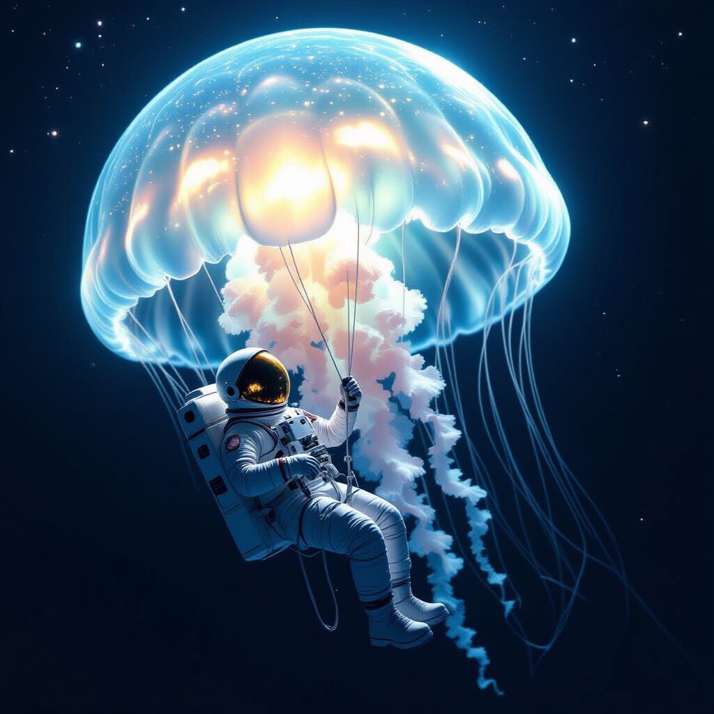 Astronaut Tethered to Giant Bioluminescent Jellyfish in Cosm...