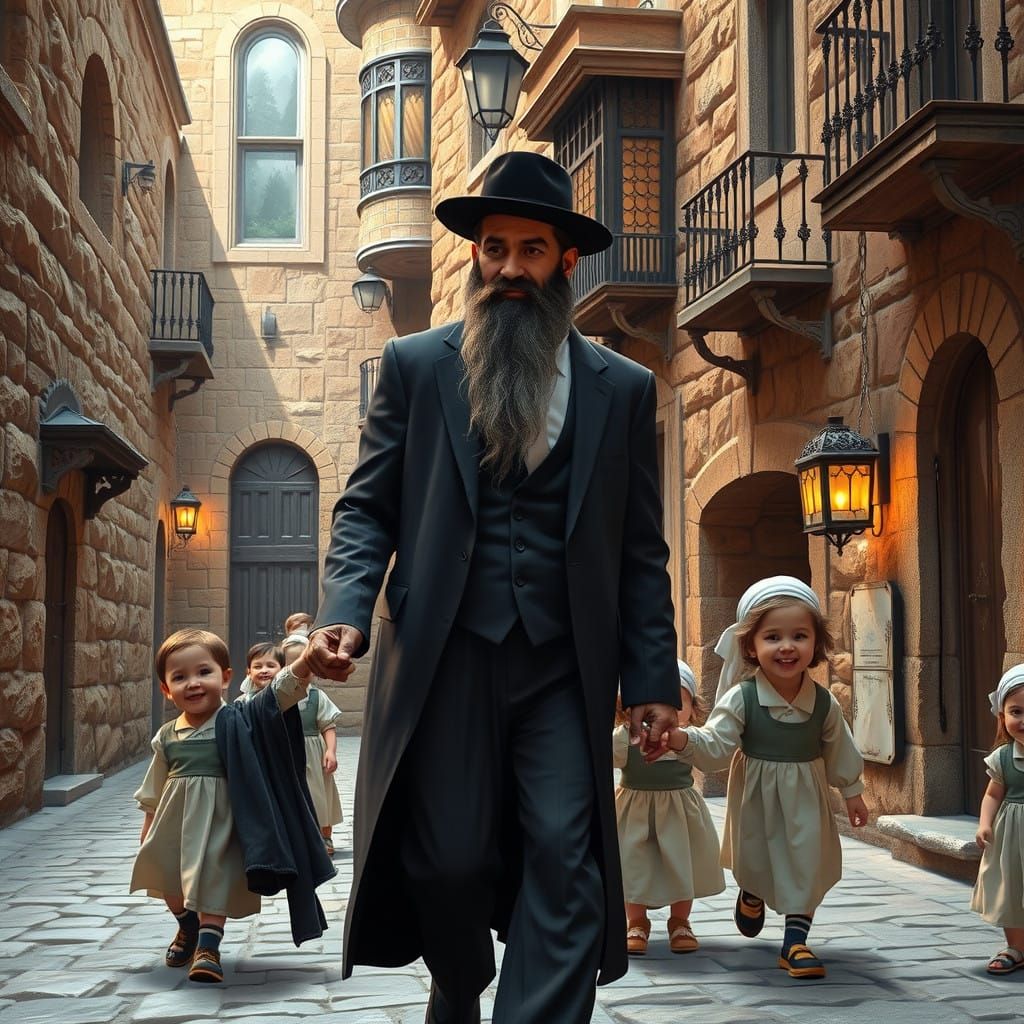 Ultra-Orthodox Jew in Shabbat Attire Walks with Children in....