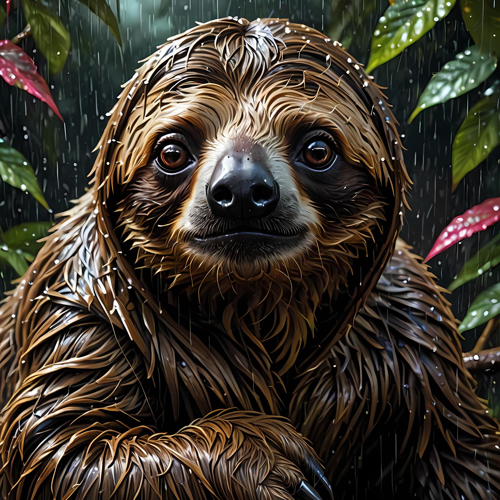 A Wet Sloth in the pouring Rain.
