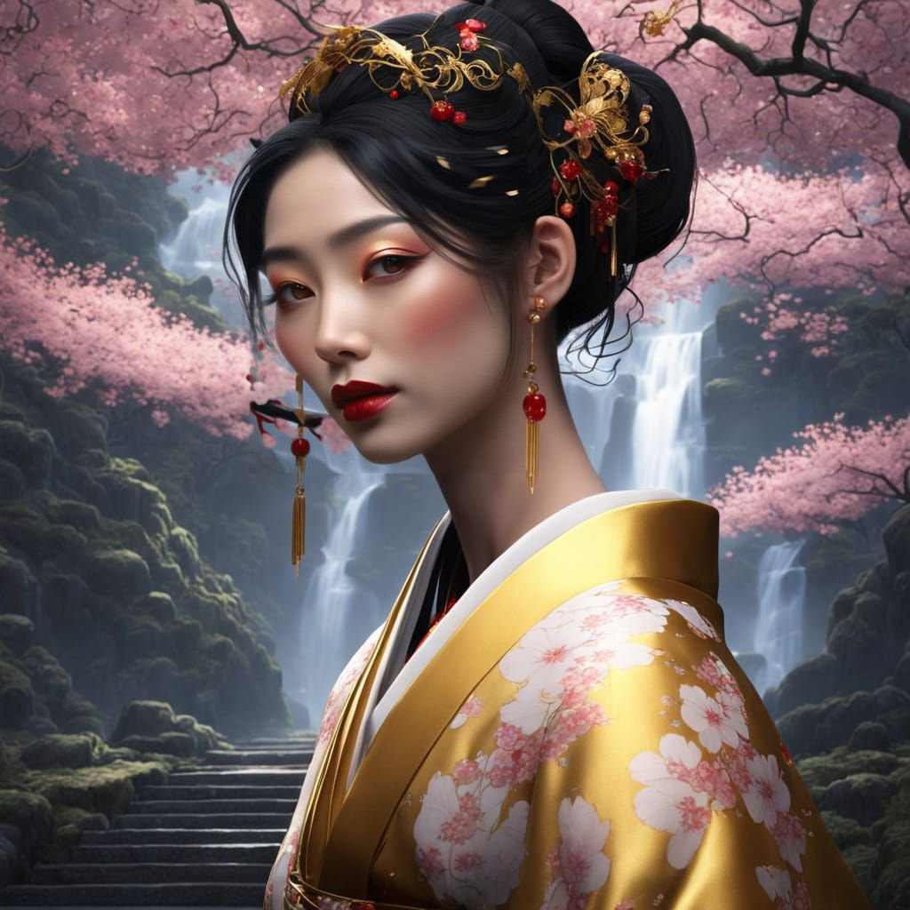 Elegant Geisha in Cherry Blossom Glory