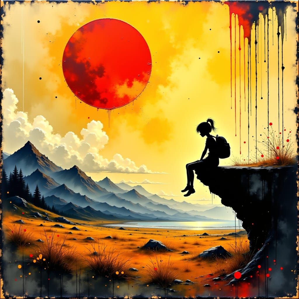 Girl Silhouetted in Impasto Sunset Landscape