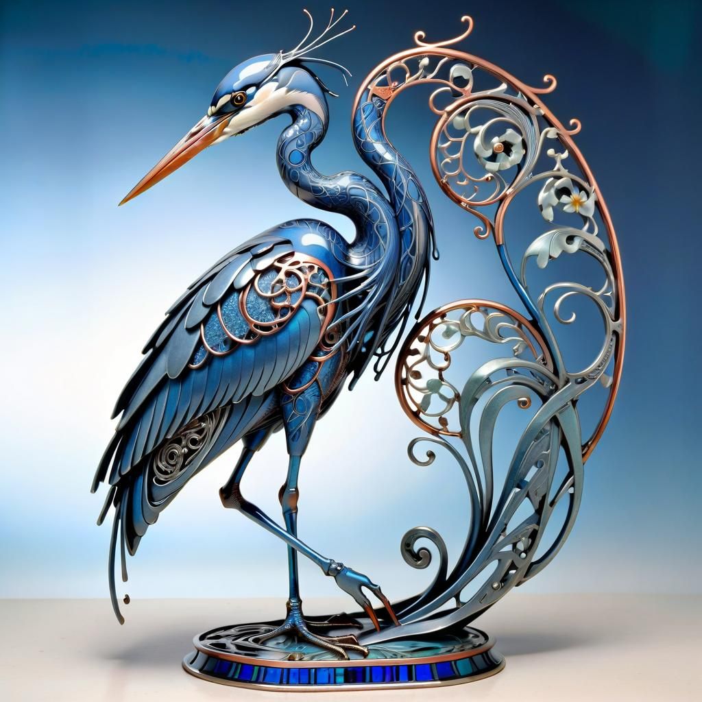 Blue Heron Cyborg in Art Nouveau Style