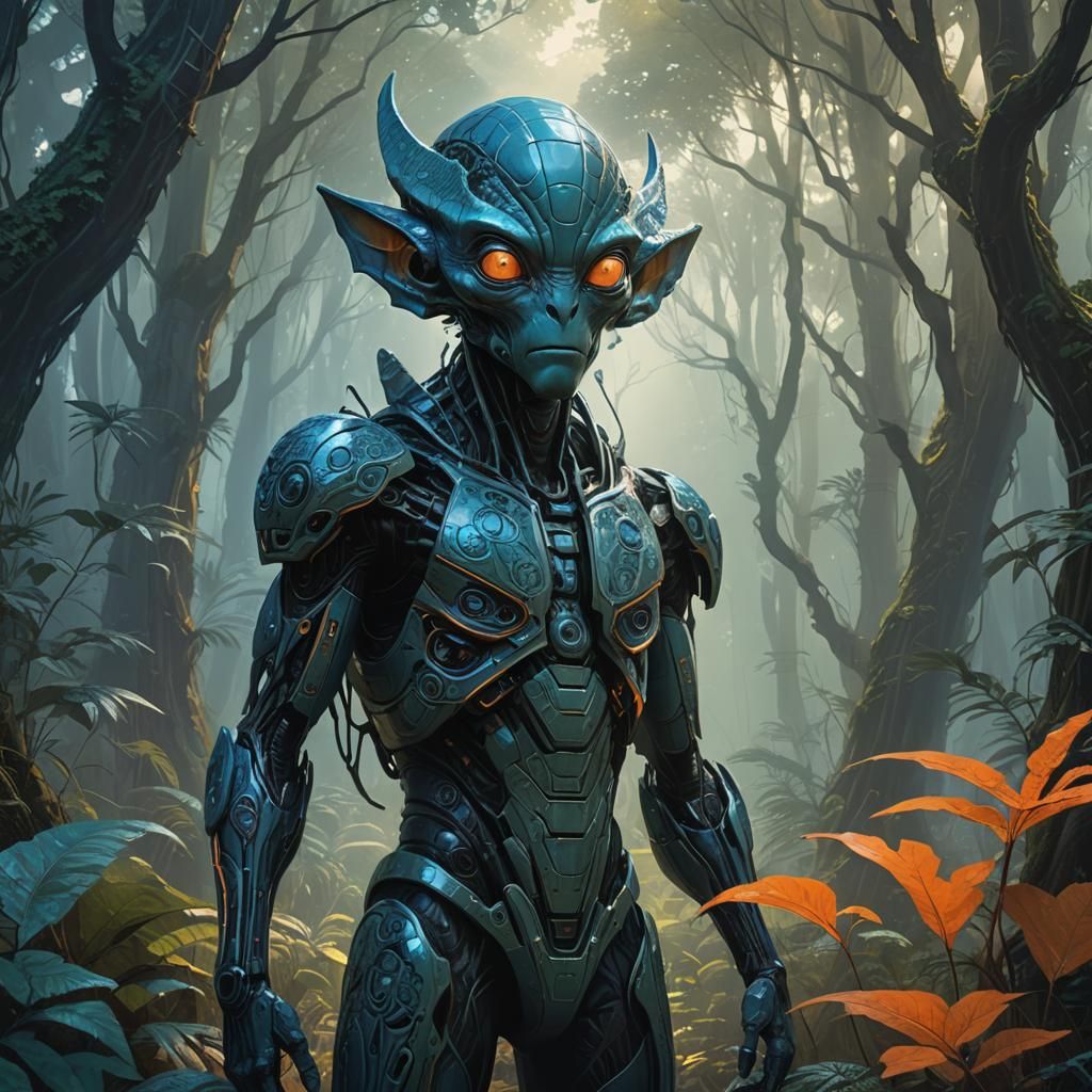 Square-Faced Alien in Mystical Forest Concept Art