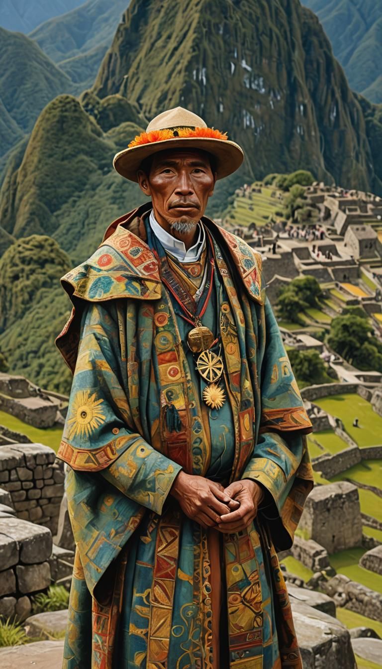 Inca Priest Ceremony at Machu Picchu in Surrealist Style