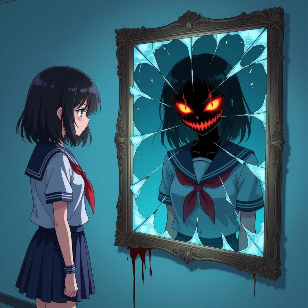 Anime Girl's Evil Reflection in Shattered Mirror