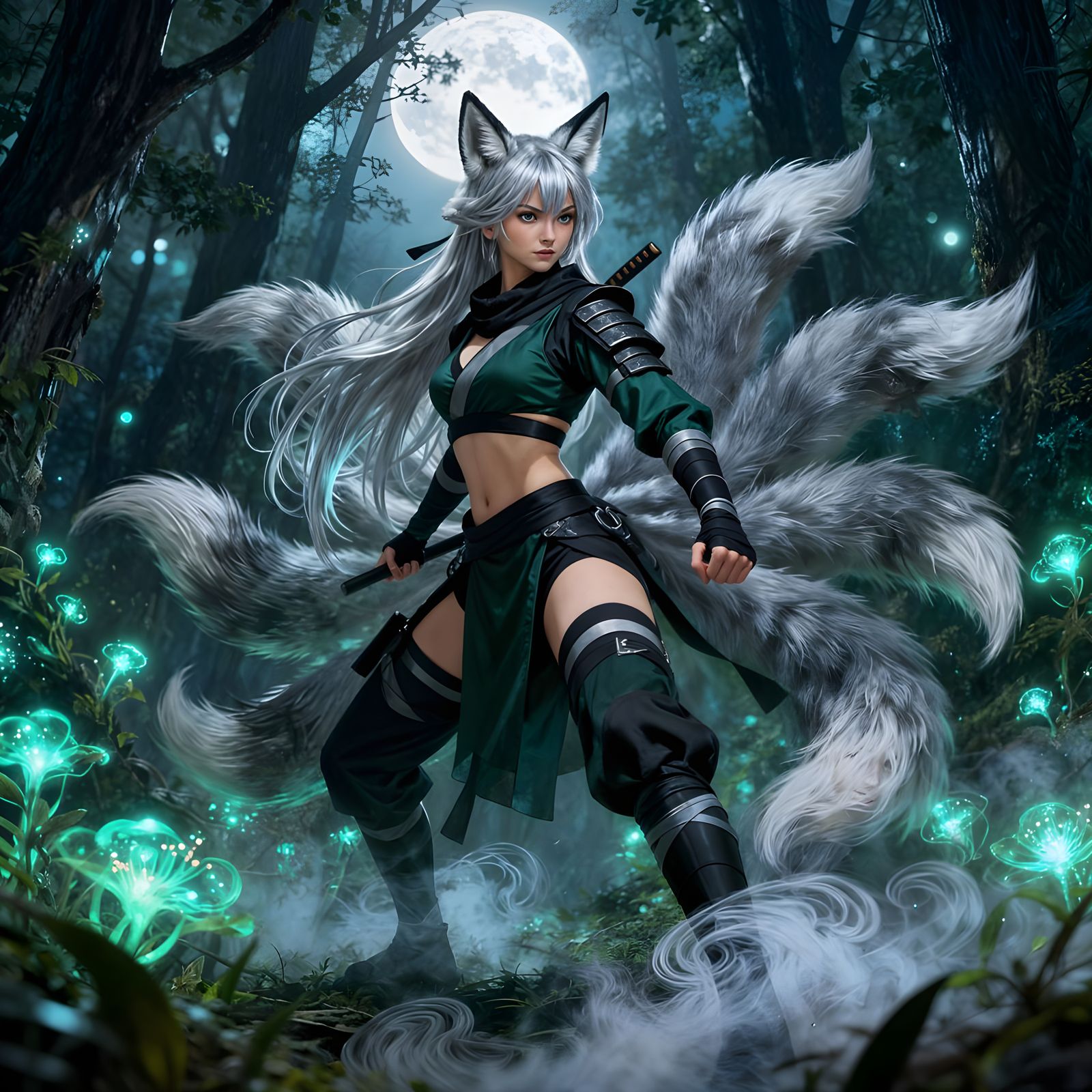 Nine-Tailed Fox Lady in Ninja Outfit in Mystical Forest