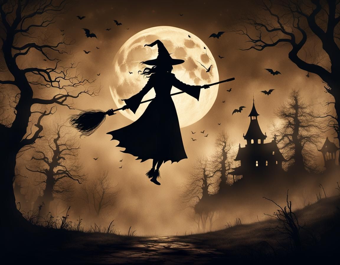 Witch Flying Across Moon in Dark Academia Style