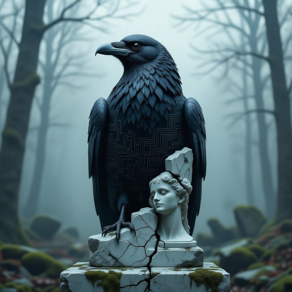 Biomechanical Raven Statue in Hyperrealistic Oil Painting