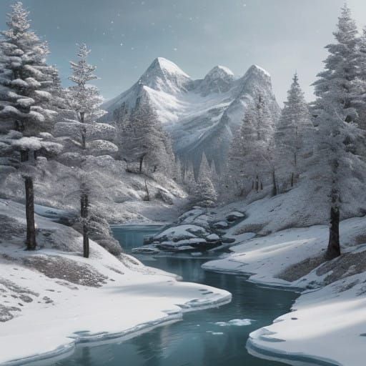 CREATE A HYPERREALISTIC AND SURREAL PORTRAIT OF A WOMAN SEAMLESSLY BLENDING WITH A SNOWY ALPINE LANDSCAPE. HER FACE IS C...