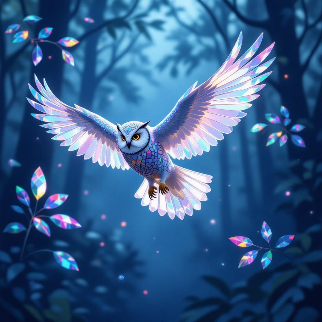 Crystal Owl Soaring Through Misty Forest