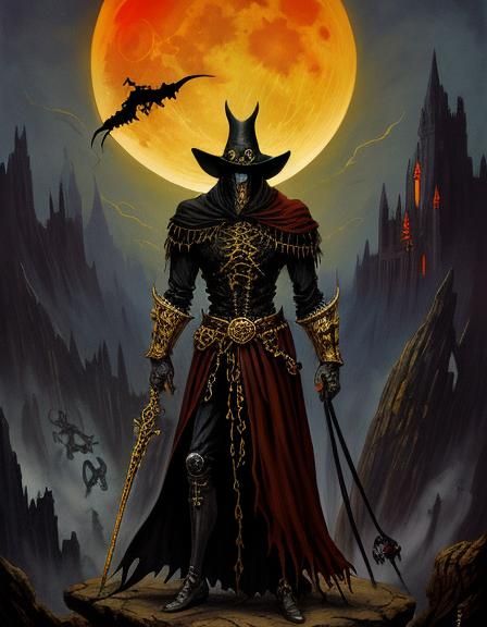 Dark Macabre Fantasy ghouls, Baginski, Hieronim Bosh, Dali, red moon, golden sun.