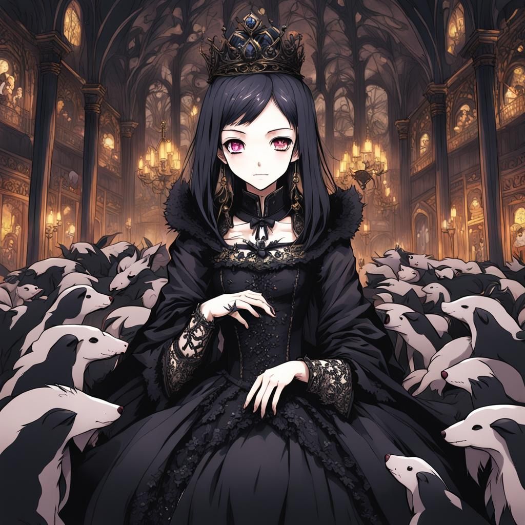 Goth Queen Surrounded by Rats in Anime Style