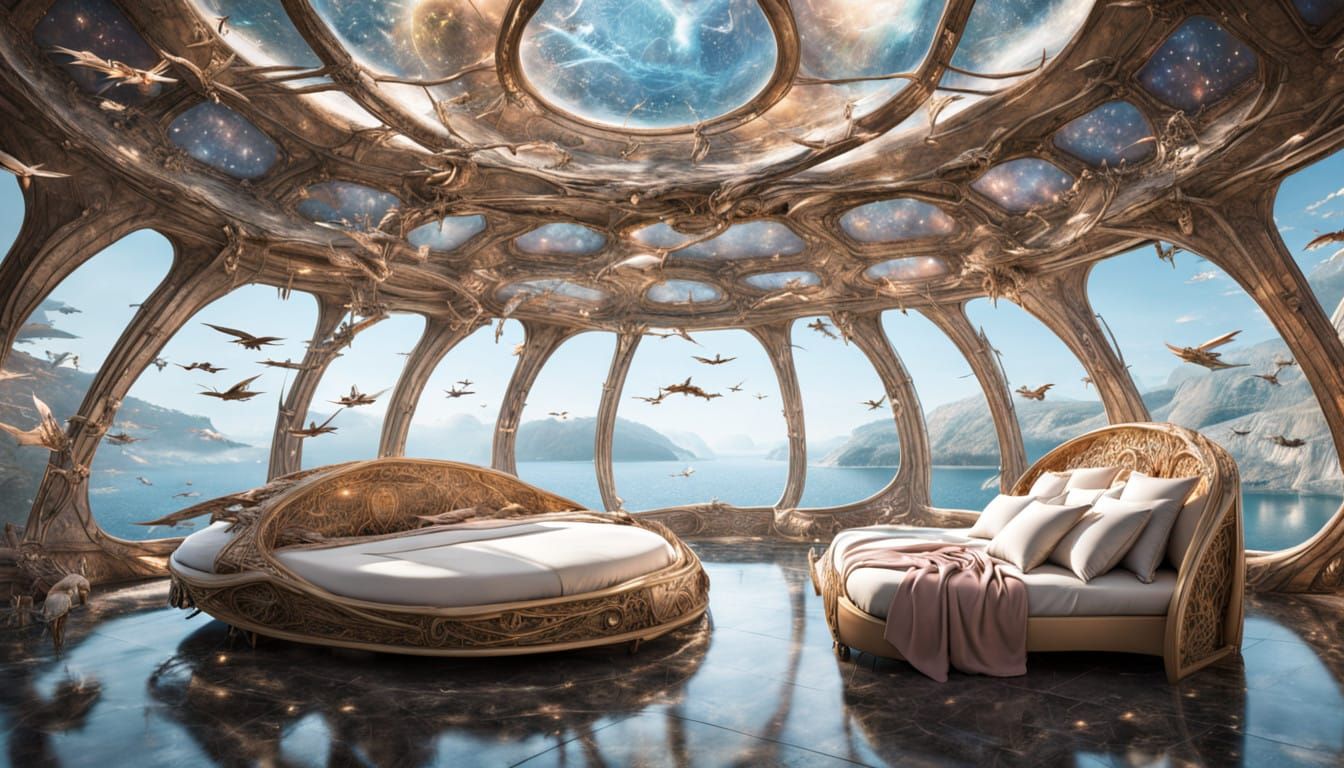 Surreal Spacecraft Bed in a Glass Walled Room with Water and...
