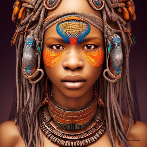 Intricate Portrait of African Tribal Woman in Art Nouveau St...