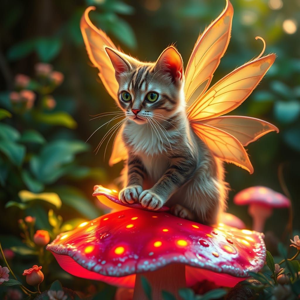 Ethereal Cat on Iridescent Mushroom with Delicate Wings