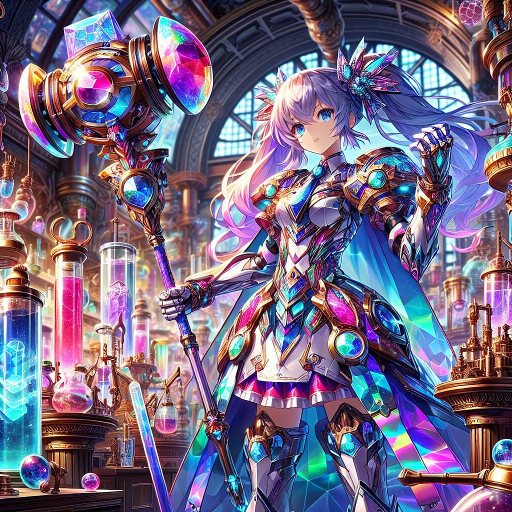 Anime Warrior in Alchemist's Lab: Cel-Shaded Style