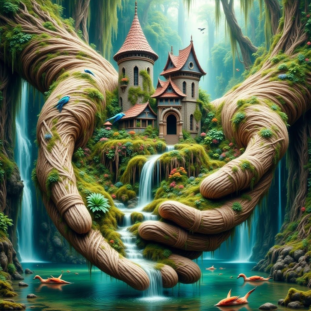 Rope Castle in Giant Hands, Dreamy Ethereal Landscape