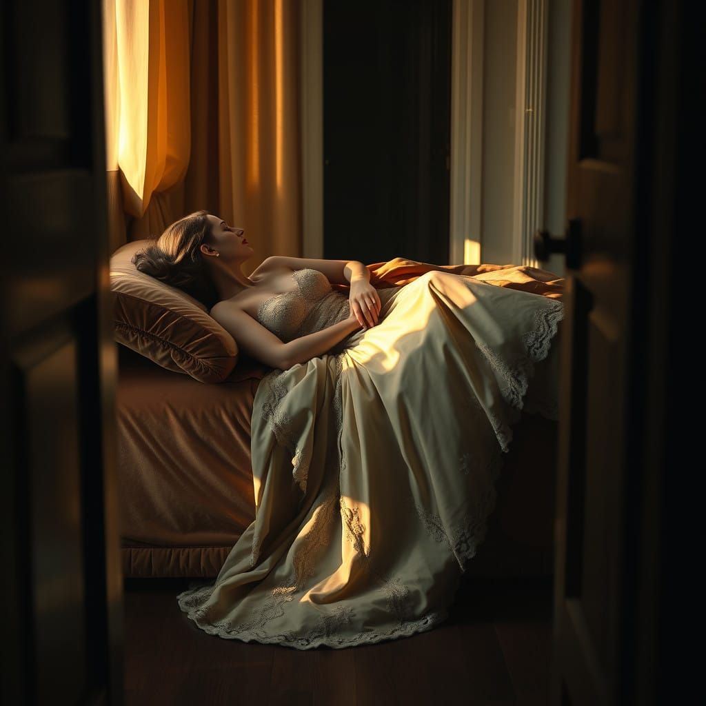 Elegant Woman Lost in Contemplation in Golden Light