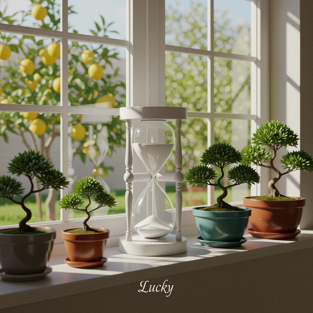 Photorealistic Window View with Hourglass and Bonsai