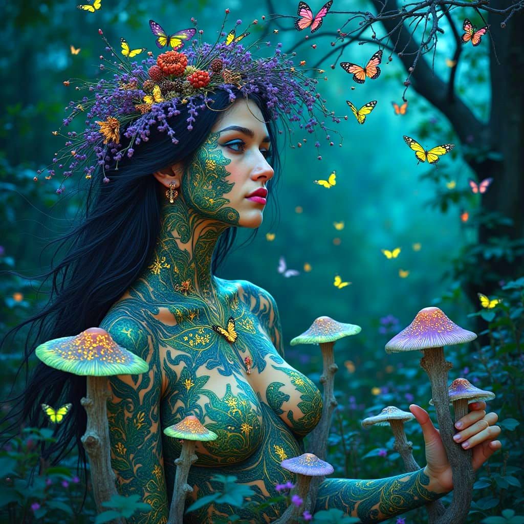 Forest Goddess with Bioluminescent Mushrooms in Art Nouveau ...