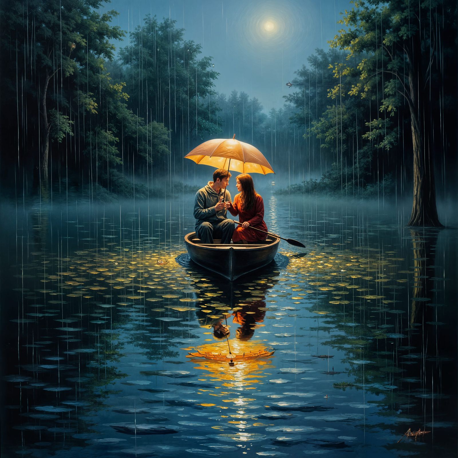 Couple in Rowboat Under Glowing Umbrella, Romantic Oil Paint...