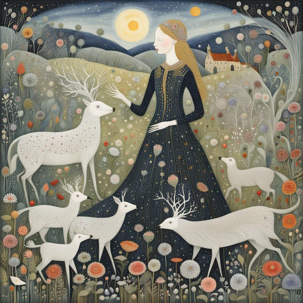 Enigmatic Woman and Deer in Millefiori Glass Style