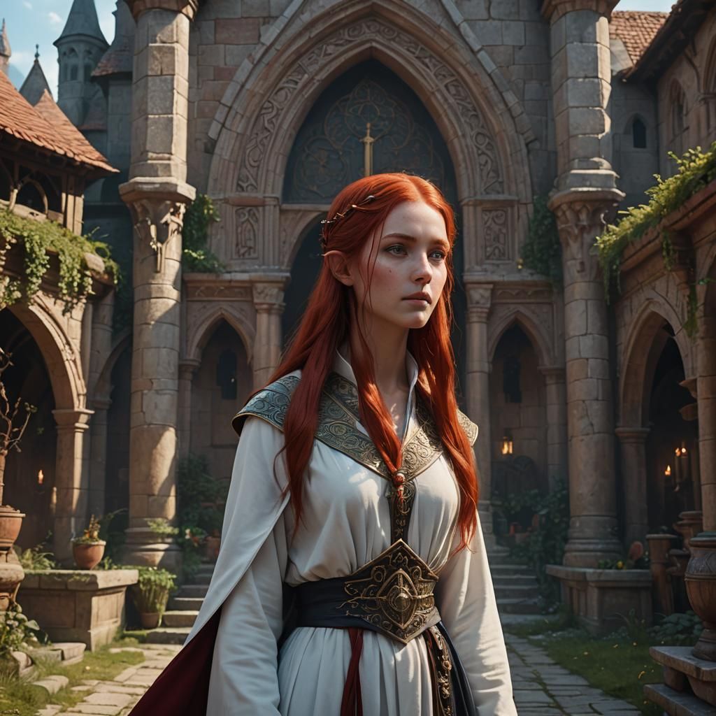 Elfin Priestess Outside Convent: Fantasy Concept Art