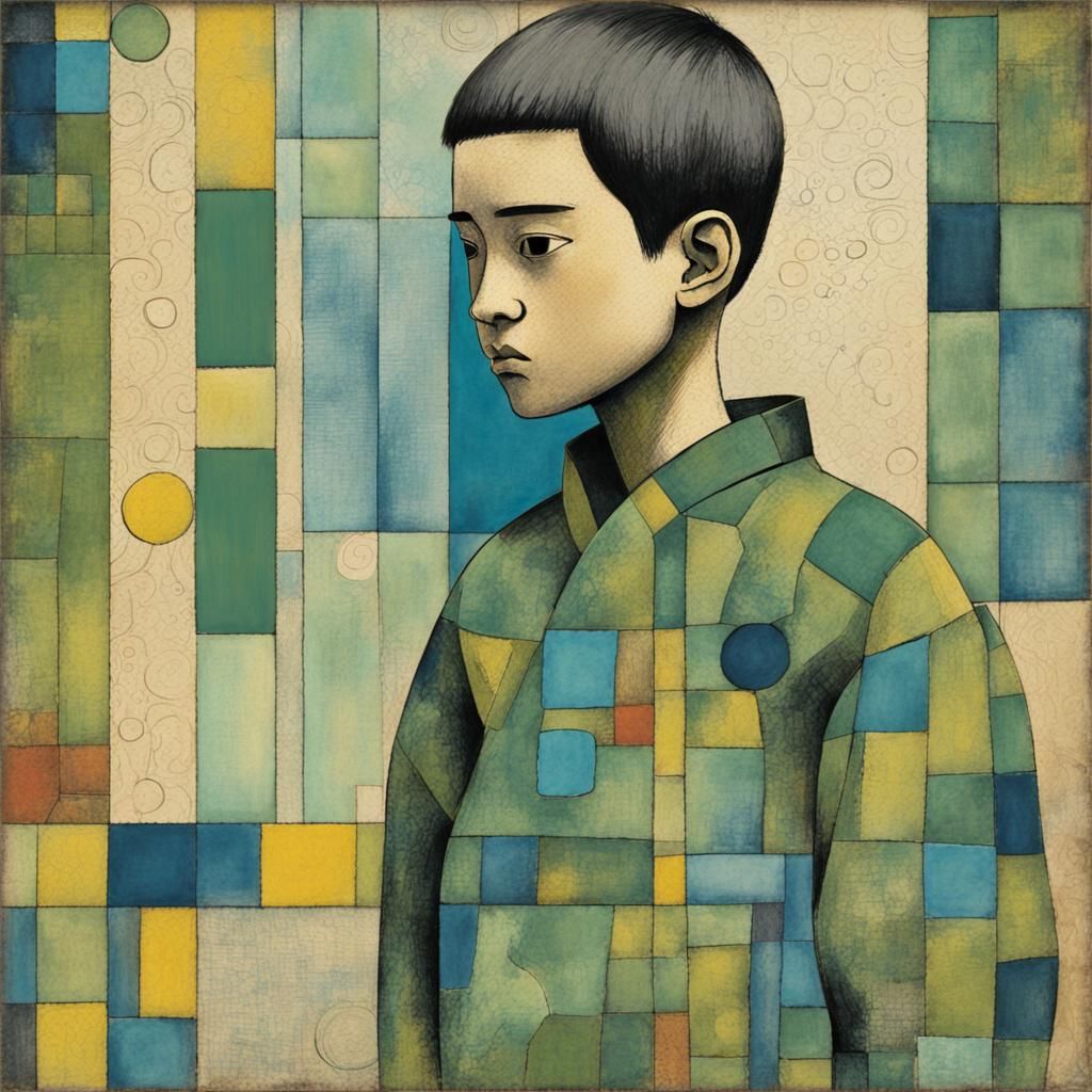 Boy with Birdcage in Cubist-Inspired Sketch