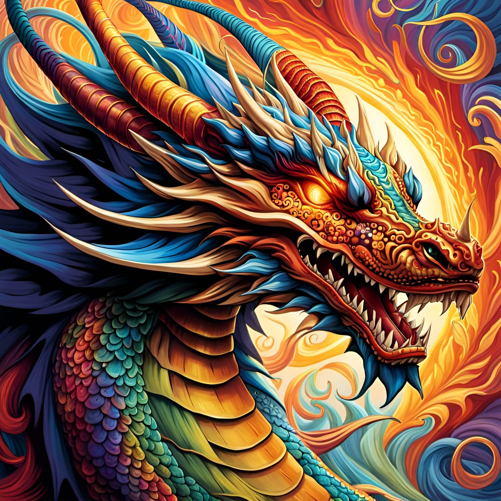 Multicolored Dragon with Vortex Shapes and Sparkling Lights