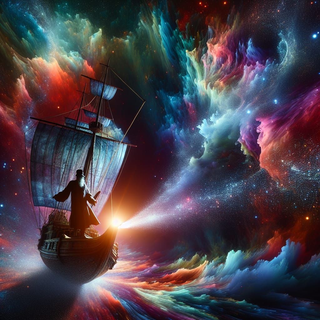 Cosmic Traveler Sailing Imagination Ship: Hyperrealistic Spl...