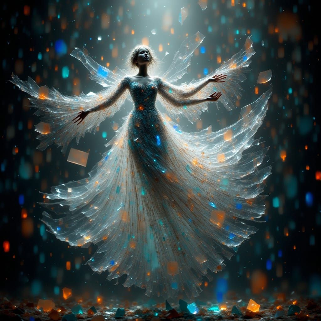 Shattered Glass Figure in Surreal Fantasy Light